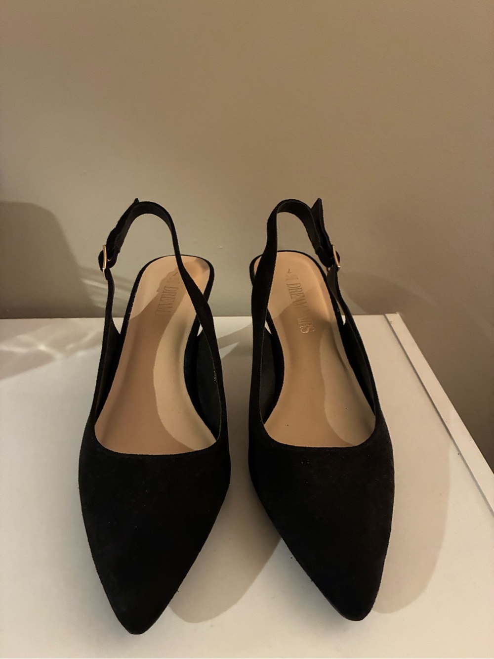Elegant Black Suede Pointed Slingback Kitten Heel